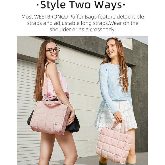 Pink Womens Quilted Nylon Tote Shoulder Bag Puffy Weekender Overnight Bag Lightw - Picture 5 of 6